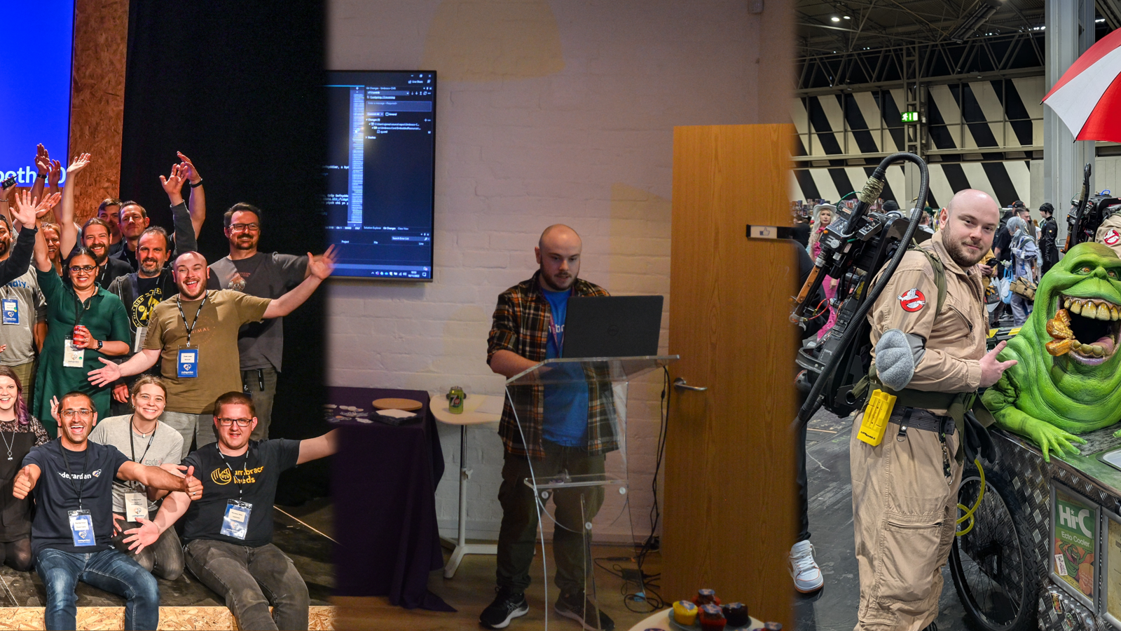 A collage of Owain in three different settings. On the left, Owain is on stage at Codegarden, surrounded by fellow Umbraco MVPs, all smiling and celebrating together. In the middle, Owain is giving a talk at the UmbraCymru Umbraco Meetup, standing behind a clear podium with a laptop, focused on presenting. On the right, Owain is dressed as a Ghostbuster at Comic Con, posing next to a life-sized Slimer model from Ghostbusters, with a playful and fun atmosphere around.