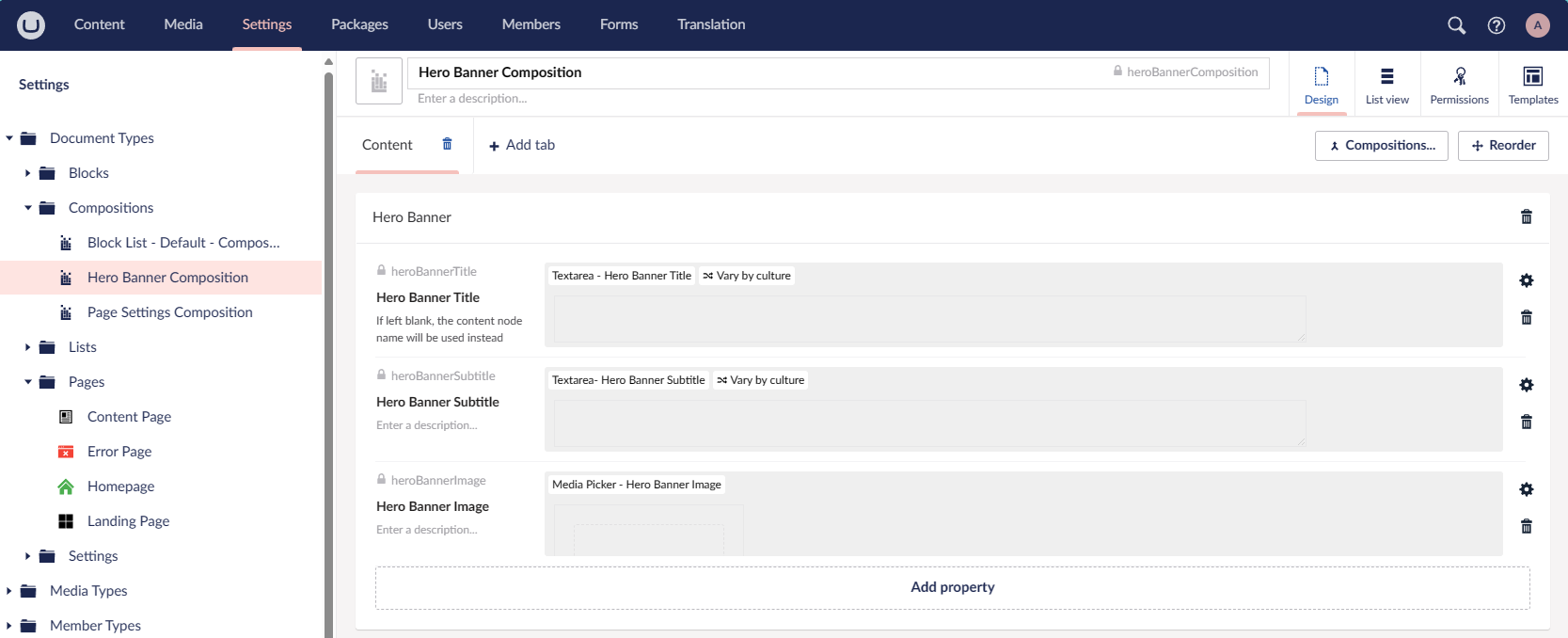 A screenshot of the Umbraco CMS backoffice interface displaying the 'Hero Banner Composition' DocType. The left side shows a navigation menu with 'Document Types', 'Blocks', 'Compositions', 'Lists', 'Pages', 'Settings', 'Media Types', and 'Member Types'. 'Hero Banner Composition' is highlighted under 'Compositions'. In the main pane, there are input fields labeled 'Hero Banner Title' and 'Hero Banner Subtitle' with text areas, and 'Hero Banner Image' with a media picker, all marked to 'Vary by culture'.