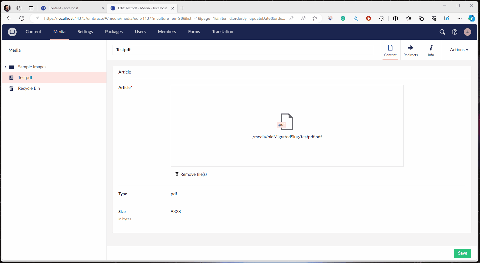 A gif demoing the IMediaPathScheme automatically creating a redirect when a migrated media file is changed and it's path slug changes.