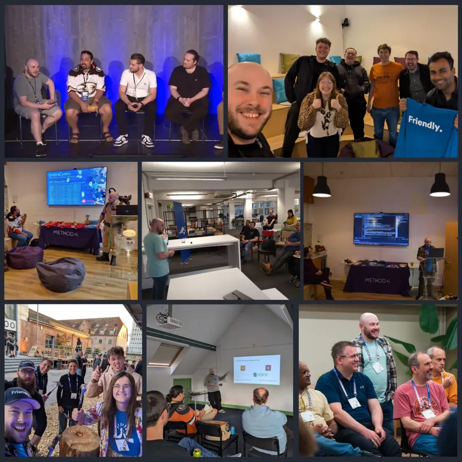 A collage of photos showing Owain participating in various Umbraco community events and conferences. From left to right, top to bottom: hosting a speaker Q&A panel on stage at Codegarden; smiling with a group at an UmbraCymru meetup; hosting a Halloween-themed UmbraCymru meetup dressed as a Ghostbuster; speaking at an umBristol meetup in a modern office space; presenting at an UmbraCymru meetup beside a screen with slides; posing outdoors with other attendees at Codegarden; giving another talk at an umBristol meetup; and engaging with a group at the Umbraco MVP Summit. The images highlight a mix of speaking, hosting, and social moments across the Umbraco community.