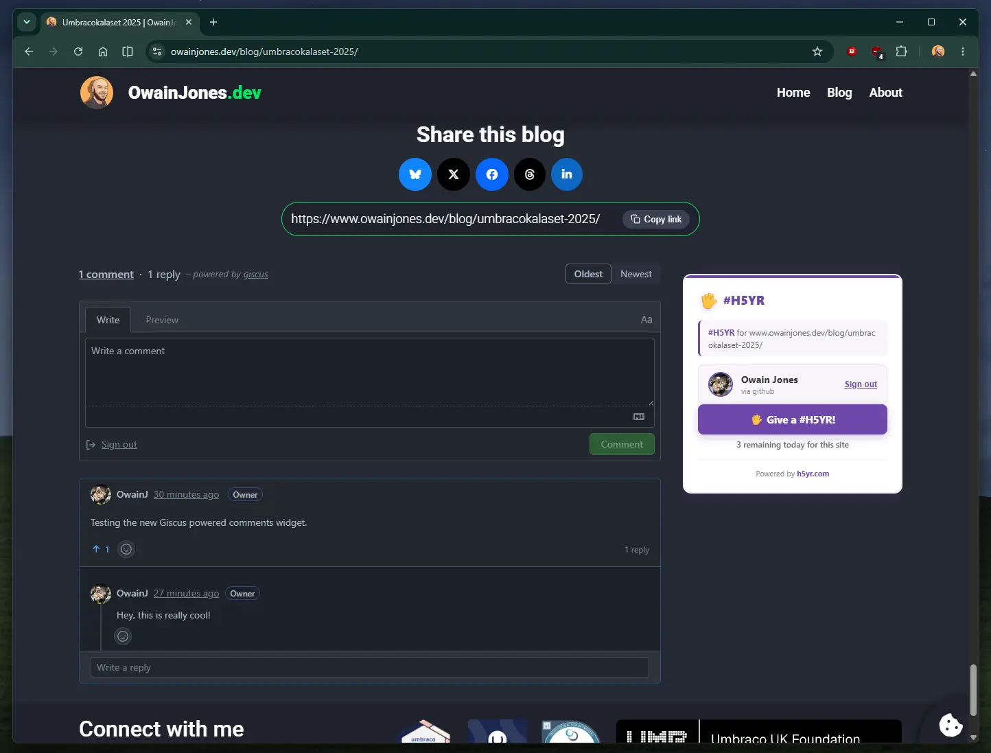 Screenshot of a blog post footer in dark mode showing social sharing buttons, a Giscus-powered comments section with a comment and nested reply, and a sidebar displaying the H5YR ("High Five Your Review") widget with a "Give a #H5YR!" button. The page also includes a "Connect with me" section at the bottom featuring community and certification logos.