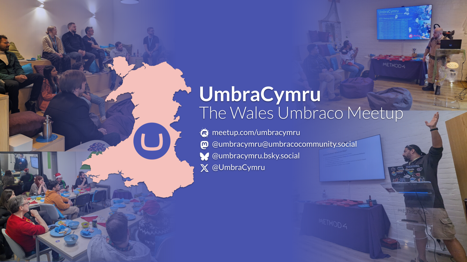 Composite image promoting UmbraCymru, The Wales Umbraco Meetup. The image features a map of Wales with the Umbraco logo overlaid on it. Surrounding the map are various photos of people interacting at meetups, such as chatting, sitting in a group, and listening to a presentation. Text on the image provides social media and contact information: meetup.com/umbracymru, @umbracymru@umbracocommunity.social on Mastodon, and @UmbraCymru on X (formerly Twitter). Click to open full size image.